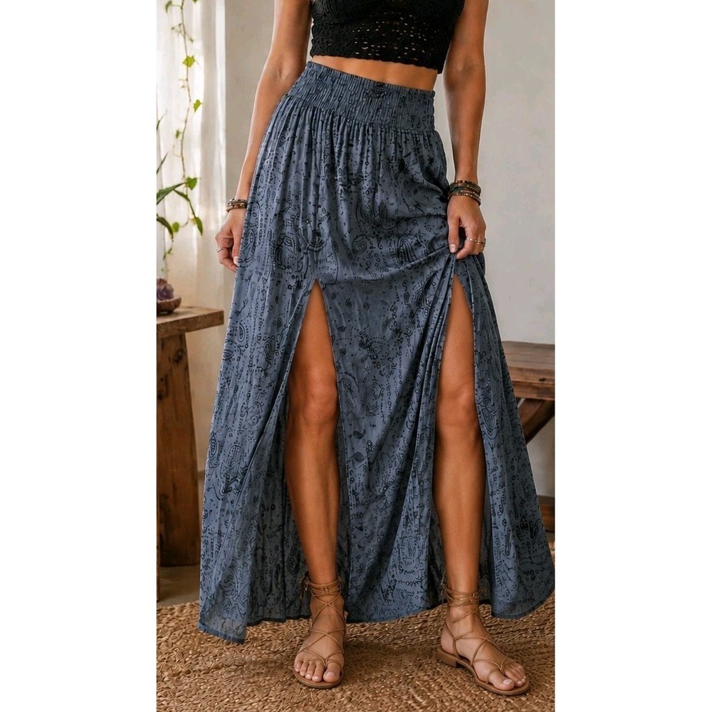 NWT Earthbound Slate Blue Gray Paisley Maxi Skirt Double Slit Boho M